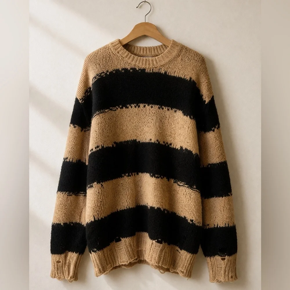 ACNE STUDIO Striped Distressed Crewneck beige black Sweater large
